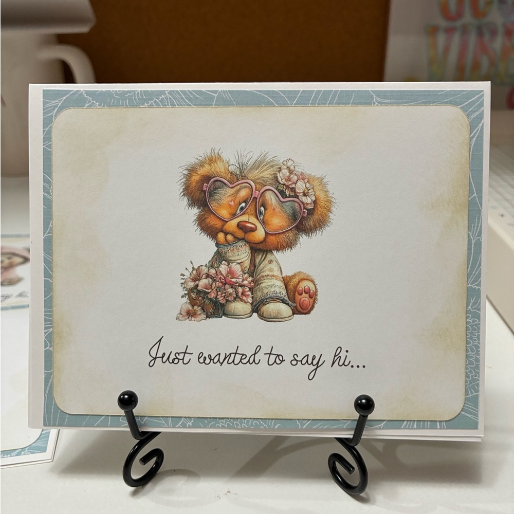 Set of 4 Handmade Cute Bear Assorted Greeting Cards - Pastel Blue Accents